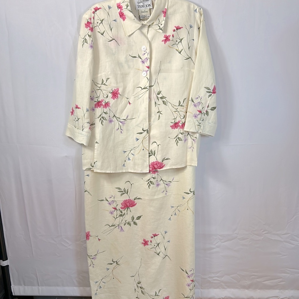 Teri Jon Neiman Marcus Vintage Cream and Green Linen Dress Size 12 - Picture 7 of 8